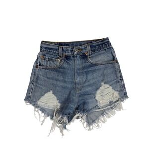 Levis 517 Vintage High Waisted Distressed Denim Shorts Blue Medium Wash 26W
